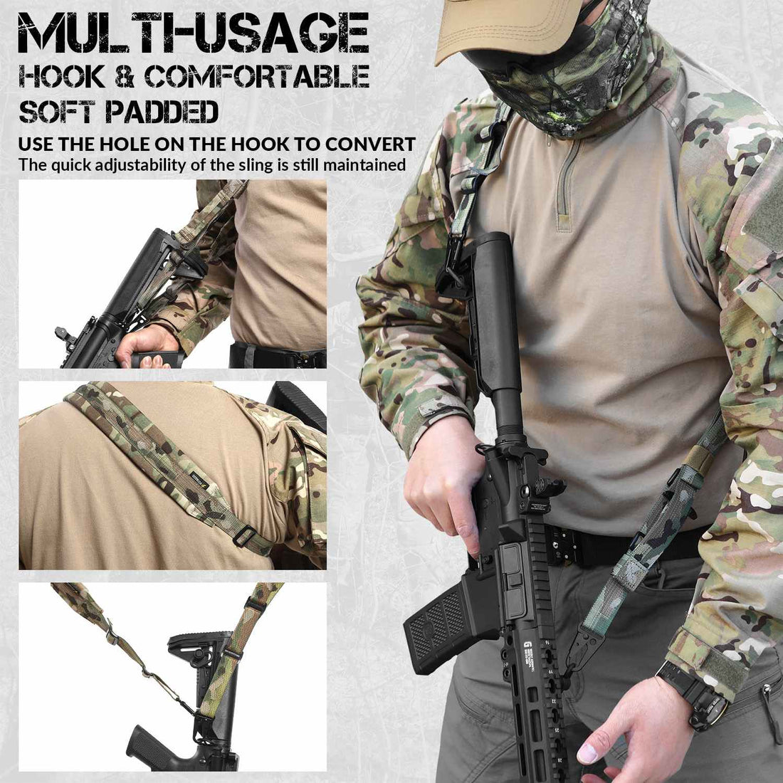 Rifle Sling for Hunting Tactical Strap, Adjust Gun Sling with HK Hook Soft Shoulder Pad Sling