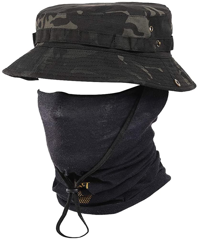 Tactical Fishing Camo Sun Protect Bucket Boonie Hat Dark Camo